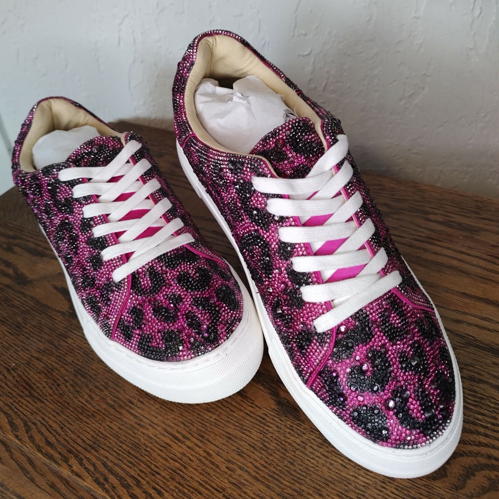 Betsy Johnson Sidny Pink And Black Rhinestone Leopard Sneaker Shoes
